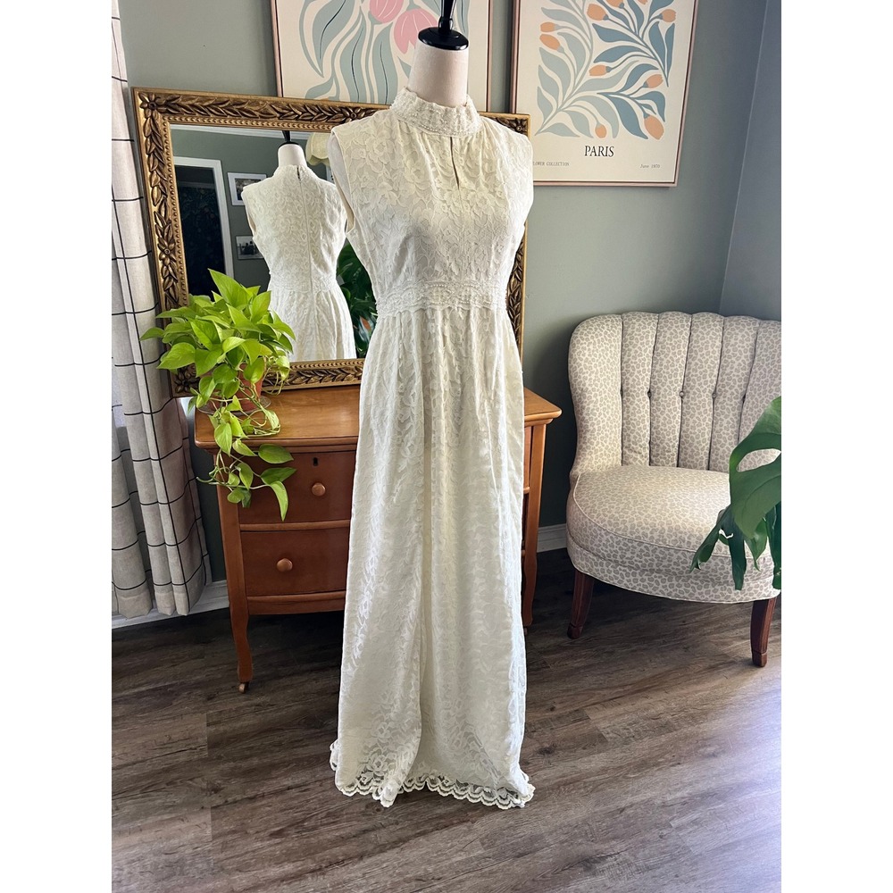 Vintage 60s Lace Wedding Dress White Beadwork Empire Waist Bridal Shower Gown